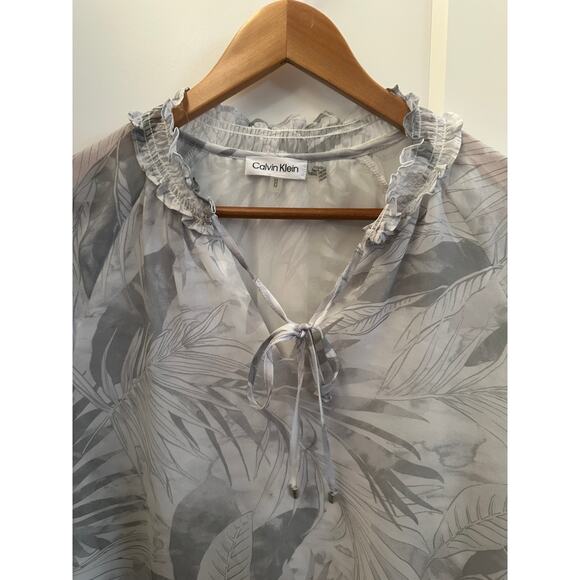 Calvin Klein Women’s Sheer Tropical Leaf Print Blouse Gray White M - Picture 7 of 8